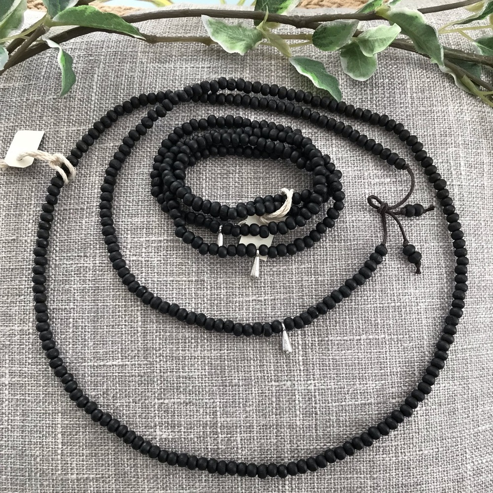 NEW Black Boho Beaded Necklace 2 Bracelet Set